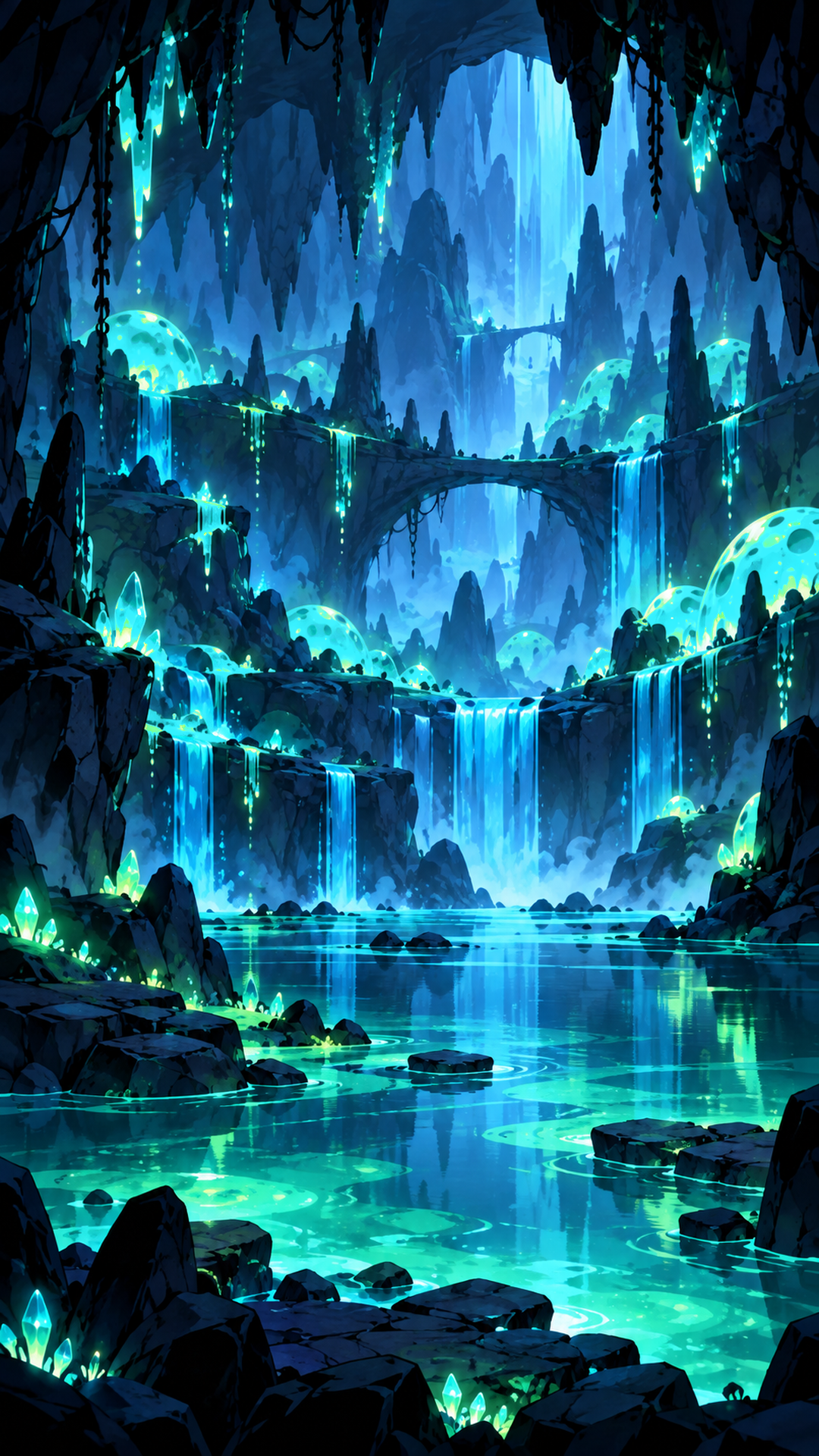 Approved cyan-tinted Slime Grotto background for Portal Crawler